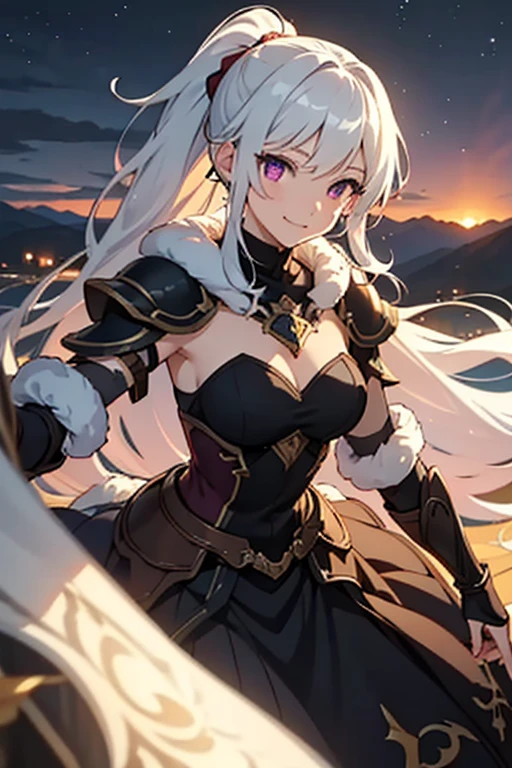 vibrant colors, mature female, masterpiece, sharp focus, best quality, depth of field, cinematic lighting, (anime screencap:1.1), pose, red-eyed girl with long blue hair low-braided set in a fantasy world with a dark and ethereal feeling, with a mysterious atmosphere, ponytail, white hair, very long hair, purple eyes, fur armor, landscape, mountain, bright smile, night sky,