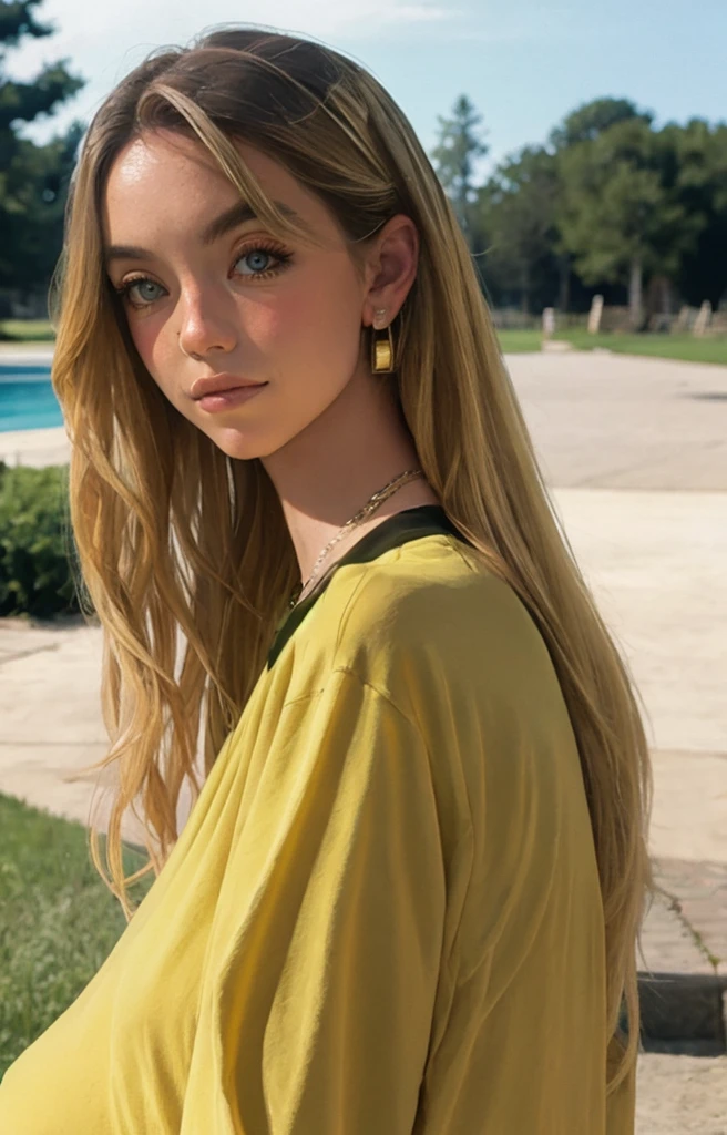 analog style photo of SydneySweeney wearing a yellow shirt, beautiful, outdoors