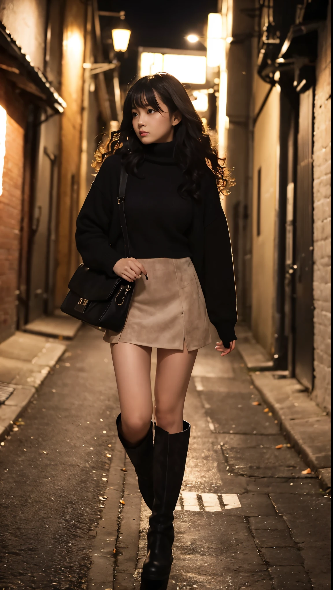 (dark alley), full body shot、Outdoor、masterpiece、 top quality、 high definition 、 realistic 、(In a dark back alley at night)、(誰も居ない暗い夜の裏路地で男性から逃げる黒いニーハイブーツと黒いミニスカートと white sweaterを着た女性)、(A frightened 18-year-old beautiful girl)、(Beautiful woman with an anxious expression)、 a beautiful woman running away from a man approaching a back alley at night 、 long legs 、 Beautiful Legs 、 platform boots、Tall, thin and slim magazine model、 young and sexy gravure model 、 cleavage、 cleavageからブラジャーが少し見える、 looking at camera、Looking up、 long black hair、Black hair with a natural perm 、Long hair with bangs、( black suede long boots up to the knee 、black wool miniskirt 、 white sweater)