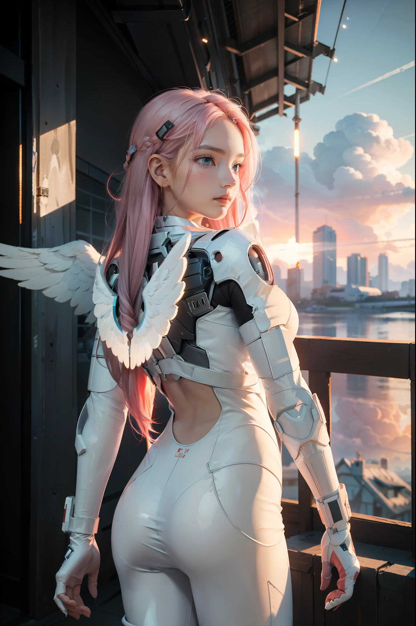 ((masterpiece, best quality, extremely detailed), volumetric lighting, ambient occlusion, colorful, glowing), 1girl, solo, young girl, (pink hair), long hair, halo, aura, sacred, godness, cyber suit, (white outfit:1.3), android, bot, angel wings, outdoors, sunset, sky, clouds, space, (cyberpunk theme:1.2),