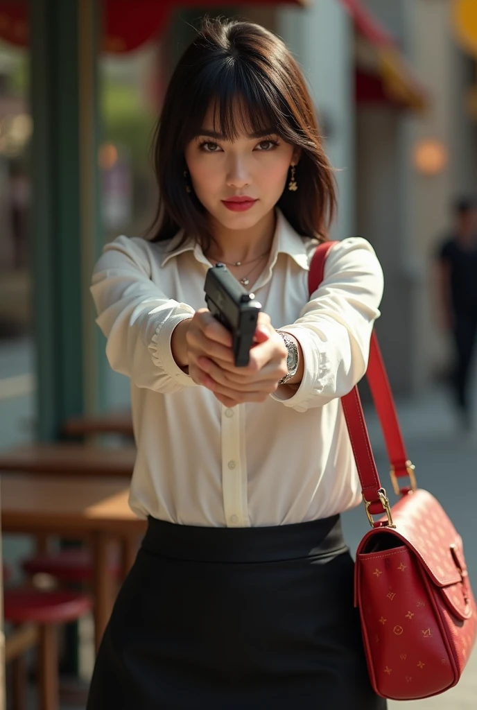 ((Highest quality)), ((8k)), ((masterpiece:1.3)), (Perfect look), (Photorealism:1.6), (TI, JMA), (Walking woman), (Japanese MILF Shoots a Gun), (Japanese houses line both sides of the road), Blurred Background, ((Realistic skin texture)), (Fine wrinkles appear all over the skin), (Dull skin), (Unmoisturized skin) , (Facial wrinkles), (Wrinkles around the eyes), double eyelid, Lower eyelid tear trough, Serious look, Shooting Gaze, (Dimples), Red lips, (Short bangs), short hair, Long hair with curled ends, (Hair over the ears), A tense look, Soft fabric blouse, Wide sleeves, Slim jeans, High heels, Hair blowing in the wind, Small breasts, (Stretch out your arms in front of you and hold your gun), (whole body),