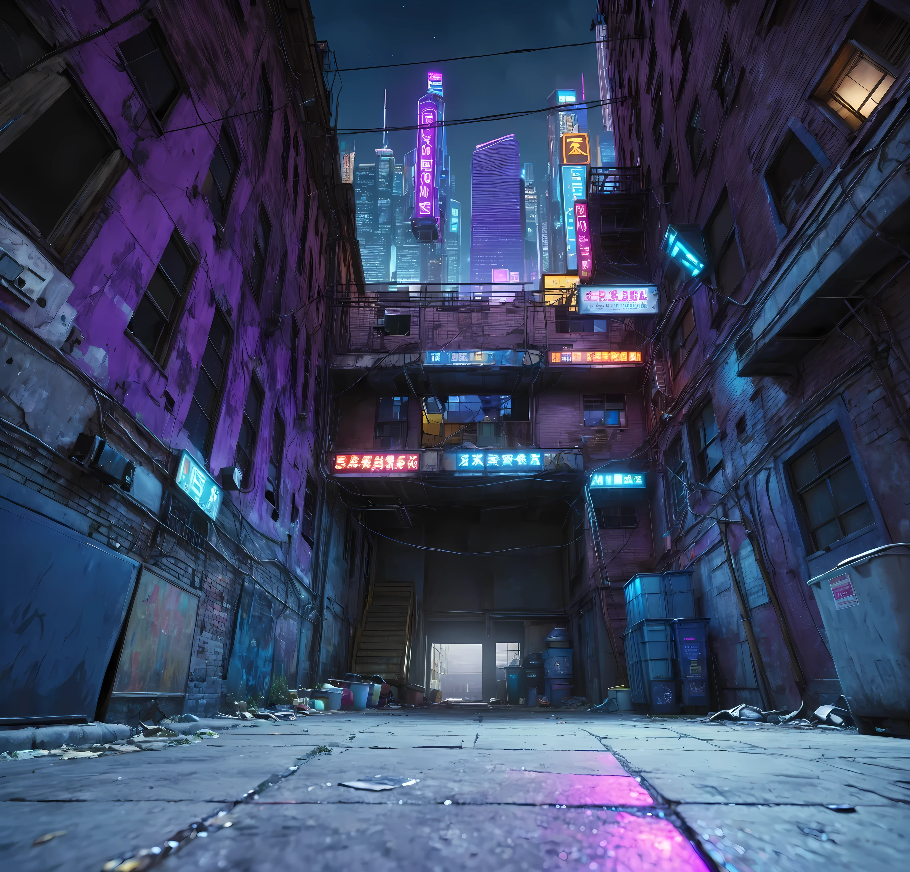 Looking up, the camera is close to the ground, cyber style, cyber night, alley with neon lights at night, low-lying ground, realistic ground texture, complete ground, abandoned low buildings on both sides of the picture, dilapidated low buildings, pipes and wires outside the buildings, trash cans near the wall, silhouettes of skyscrapers can be seen in the sky in the distance, neon signs are hung between the two buildings, the signs emit blue and purple lights, two steel frames connect the two buildings, UE5 rendering, 3D rendering, 3D model, cartoon style