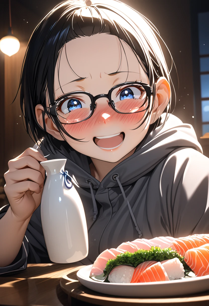 RAWphoto,photorealistic,8k16k,best quality,perfect anatomy,perfect detailed,ultra highres, extremely detailed eyes and face,gleaming skin,shiny skin,1girl,Japanese,black short hair,pixie cut, (wearing glasses:1.3),(parted bangs,forehead:1.2),round face,medium breasts,chubby,thick thigh,wearing large hoodie,oversize,little laughing,nose-blush,full-face blush,drunken eyes,drunk,drinking Japanese sake,(holding one little ceramic sake cup:1.1),sashimi on the dishes and Japanese sake jug on the low dining table at home,cinematic lighting,dynamic lighting,depth of field,at night