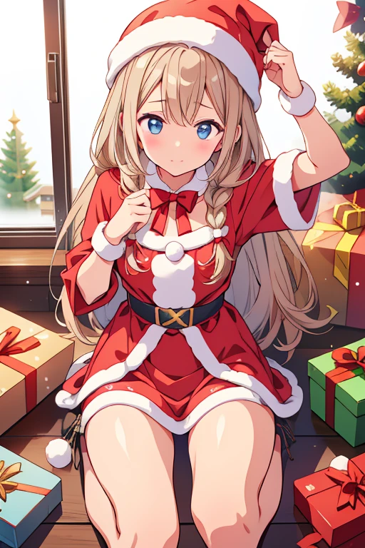 solo female, masterpiece, relaxed,  blonde hair, mature female, medium breasts, blue eyes, curly hair,<lora:insidebox:1> , insidebox, boxrelaxed, santa hat,, in container, box filled with gifts, angle shot, christmas tree in background, (full santa outfit:1.1), santa hat,