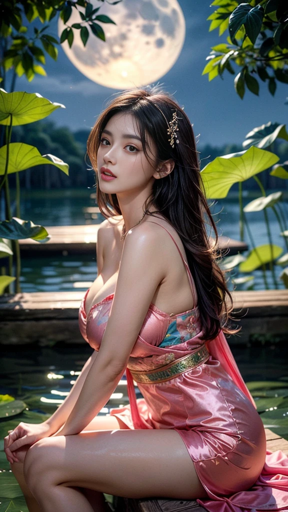 Sitting next to the lotus, red lanterns in two rows of the lake, feet playing in the water, art depicts a charming woman, smiling, 2 hands, 2 legs, delicate face, 2 braids, normal face, dressed in a flowing, silky traditional oriental dress, light purple, decorated with intricate patterns and bright colors. Her dress drapes elegantly over her curvy figure, accentuating her seductive silhouette. She sits gracefully by the tranquil lotus lake, her feet playing in the water, bathed in the soft glow of the moonlight. The scene exudes an ethereal and dreamy atmosphere, with a touch of mystery and sexiness. The graphic style blends watercolor and digital illustration techniques to evoke a refined beauty and charm. The lights are filled with soft moonlight, casting soft highlights and shadows on her charming features. Bare thighs, big breasts, three-dimensional facial features, sitting, upturned legs, 1 side braid, wet