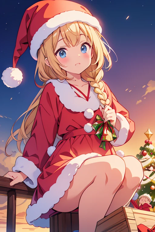 girl,Christmas tree,Christmas Ornaments,gifts,,Christmas,nsfw,gift box,Sweaters,Red shoes,ssmile,sleeves past wrists,shoulder,Christmas Lights,From one side,From one side,Look into the distance