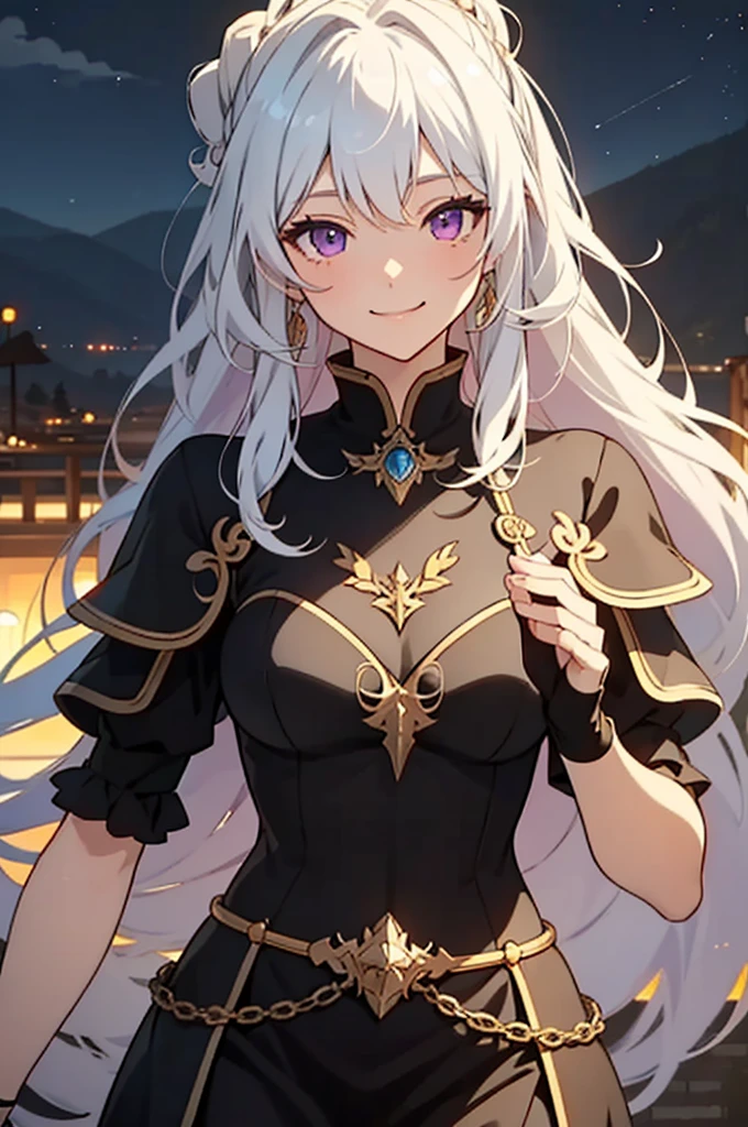 vibrant colors, mature female, masterpiece, sharp focus, best quality, depth of field, cinematic lighting, (anime screencap:1.1), pose, red-eyed girl with long blue hair low-braided set in a fantasy world with a dark and ethereal feeling, with a mysterious atmosphere, ponytail, white hair, very long hair, purple eyes, fur armor, landscape, mountain, bright smile, night sky,