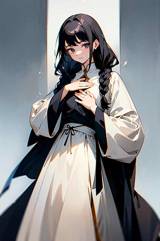 ，Height 1.6 meters，B-cup ，Dark black hair， with two braids hanging down the chest， medieval dress ，Off-white cloth coat ，simple，Frontal， place your hands in front of you，Dignified and serene 