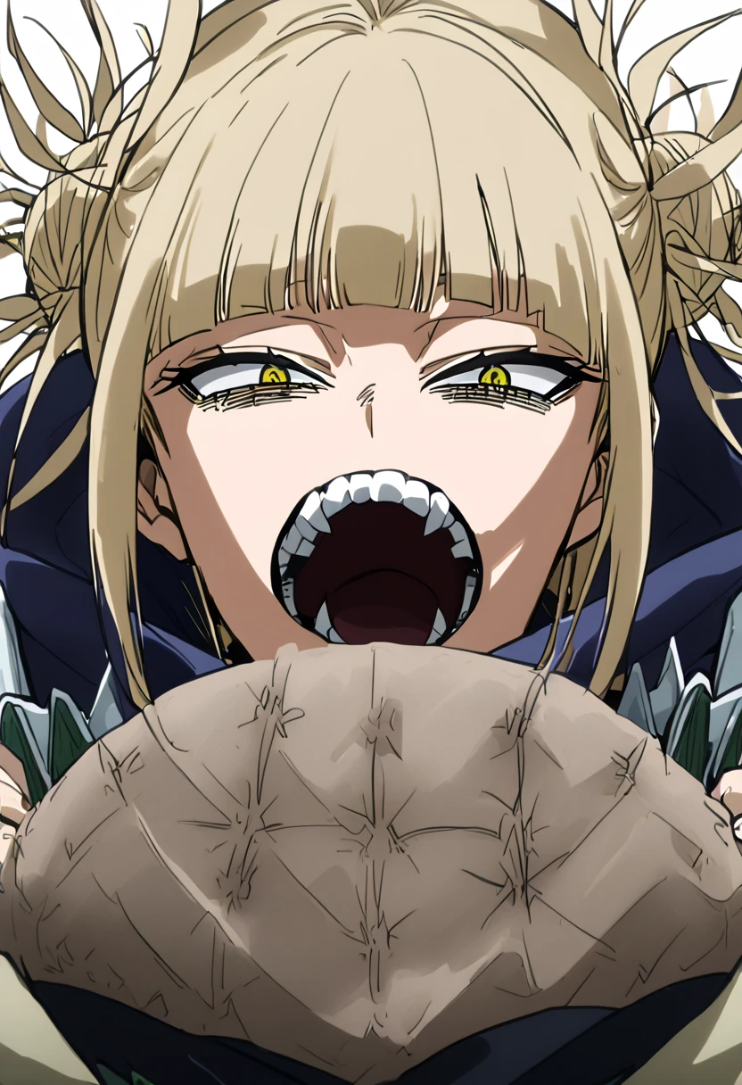 toga himiko,  1 girl in uniform,  Double Bang ,  Yellow Eyes ,  blonde hair ,  wide open mouth, ,  school uniform, tooth,  watches viewers, smile, Butchoukami ,  sailor suit, Blue sailor collar,  white background , side lock, clavicle,  upper body,  simple background,  Red Neckerchief , teeth, I narrowed my eyes.