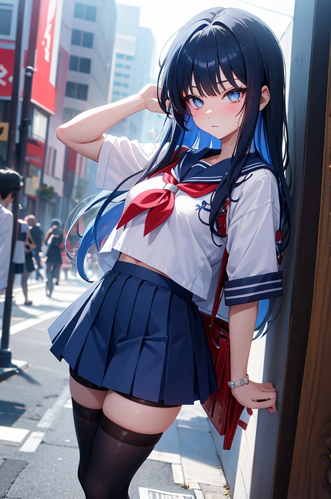 a cute solo boy ,trap,saori_bluearchive,eye makeup,shy ,embrassed ,cute red face,medium breast,wearing a japan sailor high-school uniform with a blue skirt ,bike shorts, shorts under skirt, overknee socks ,sneakers ,standing sexy pose on the street in a city at afternoon time , close-up body portrait.