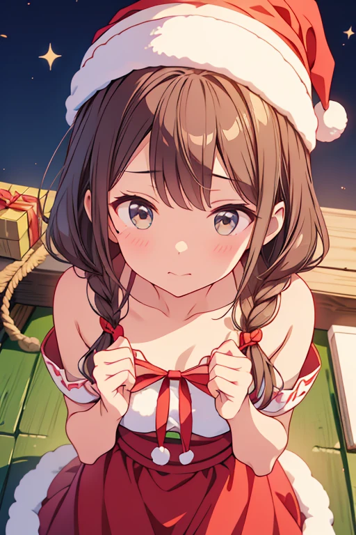 ((Brown hair)),((Braided shorthair)),((Brown eyes)),((With bangs)),(Inside the store at night with beautiful illuminations),(A room lit by a fireplace or candlelight),((Christmas tree)),((Nude body wrapped in ribbons all over the body)),(Bare ribbon),((Body Wrapping)),((Hug me to hide your chest)),(white fluffy underwear),Smile,Slight red tide,(Kamimei),((Perspective from above)),(close up of face),NSFW