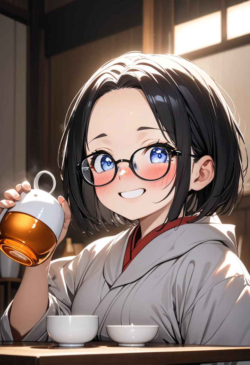 RAWphoto,photorealistic,8k16k,best quality,perfect anatomy,perfect detailed,ultra highres, extremely detailed eyes and face,gleaming skin,shiny skin,1girl,Japanese,black short hair,pixie cut, (wearing glasses:1.3),(parted bangs,forehead:1.2),round face,medium breasts,chubby,thick thigh,wearing large hoodie,oversize,little laughing,nose-blush,full-face blush,drunken eyes,drunk,drinking Japanese sake,(holding one little ceramic sake cup:1.1),sashimi on the dishes and Japanese sake jug on the low dining table at home,cinematic lighting,dynamic lighting,depth of field,at night