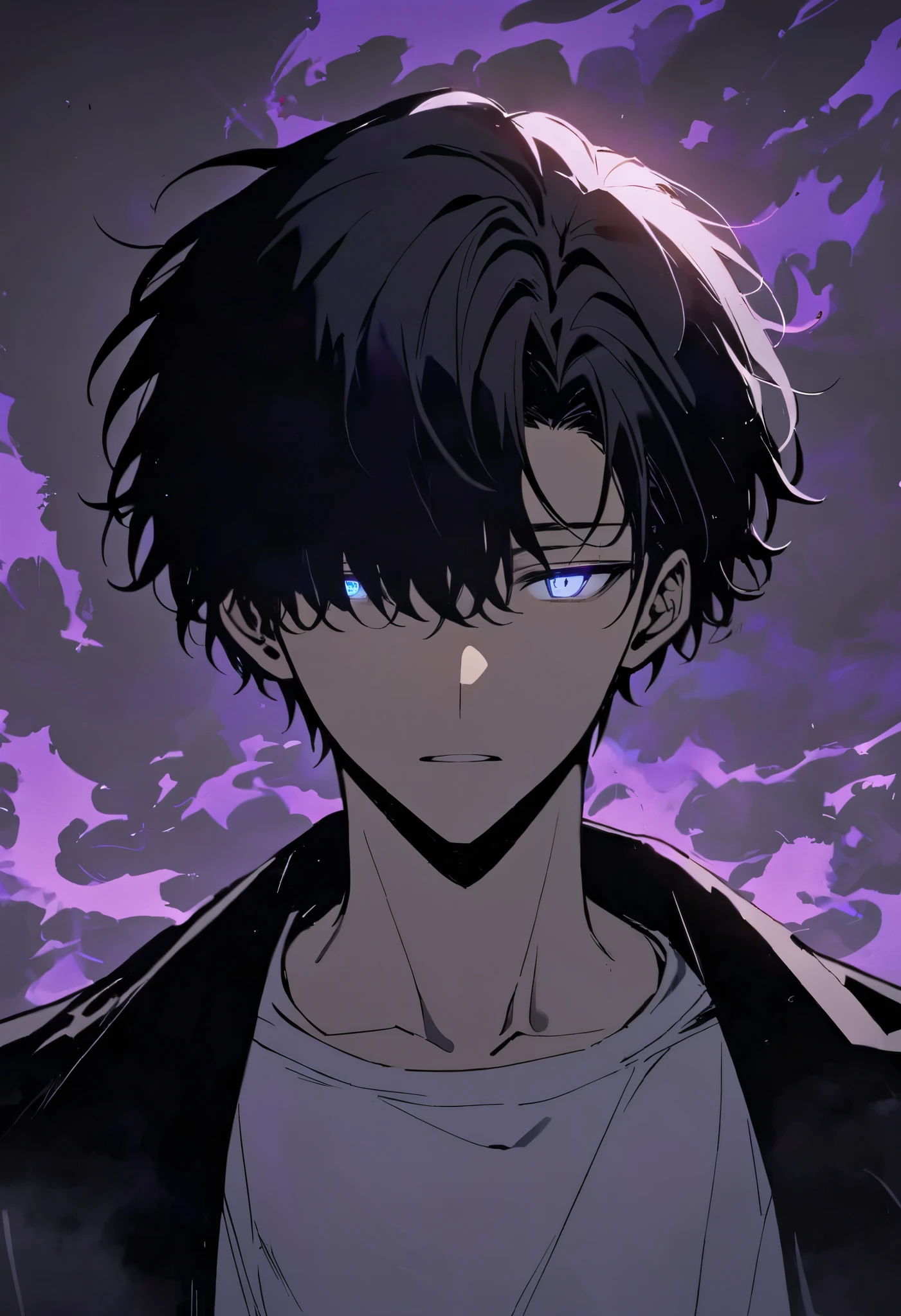 handsome, Alone, male, short hair, black hair, Hair covering left eye, Calm head, blue eyes, Shining Eyes, black coat, white t-shirt , black pants , It wears a small amount of black and purple smoke,