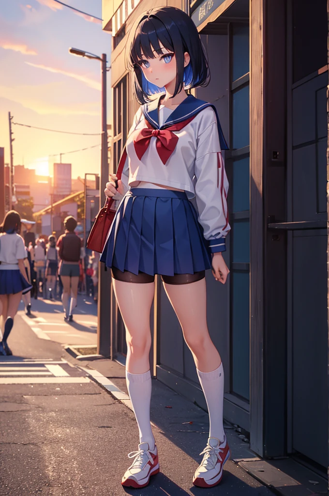 a cute solo boy ,trap,saori_bluearchive,eye makeup,shy ,embrassed ,cute red face,medium breast,wearing a japan sailor high-school uniform with a blue skirt ,bike shorts, shorts under skirt, overknee socks ,sneakers ,standing sexy pose on the street in a city at sunset time , close-up body portrait.