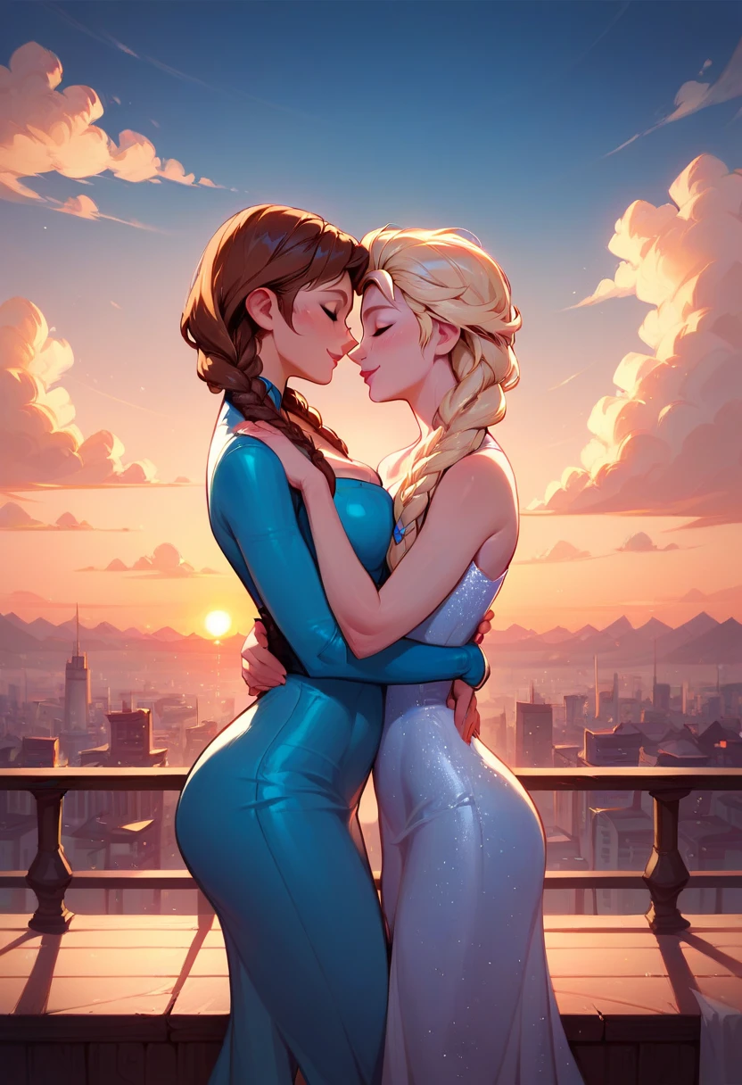 score_9, score_8_up, score_7_up, score_6_up, 2girls, elsa (blonde hair, braid:1.1) and anna (brown hair, braided pigtails:1.3), (ultra short keyhole bodycon dress:1.2),, standing, embracing, cinematic lighting,, city background, sunset, cowboy shot.