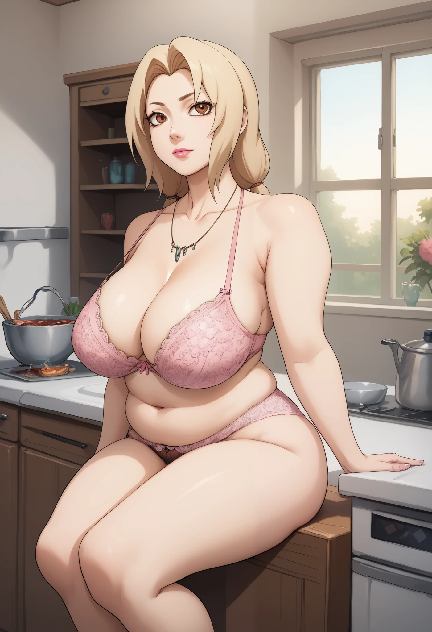 Tsunade Senju. Grandmother. long, blond hair tied in two ponytails. brown eyes.  pink lipstick. huge saggy breasts. bbw. necklace. (((lace bra))),(((lace panties))), kitchen. sitting