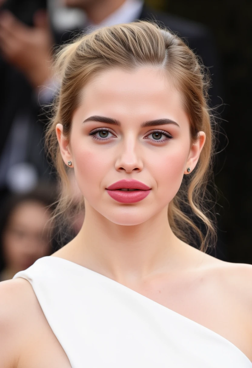  Image of a woman wearing a white dress and earrings,  portrait photo of Emma Watson , Emma Watson's face , huge blonde lips , thick lips, big mouth, pouts