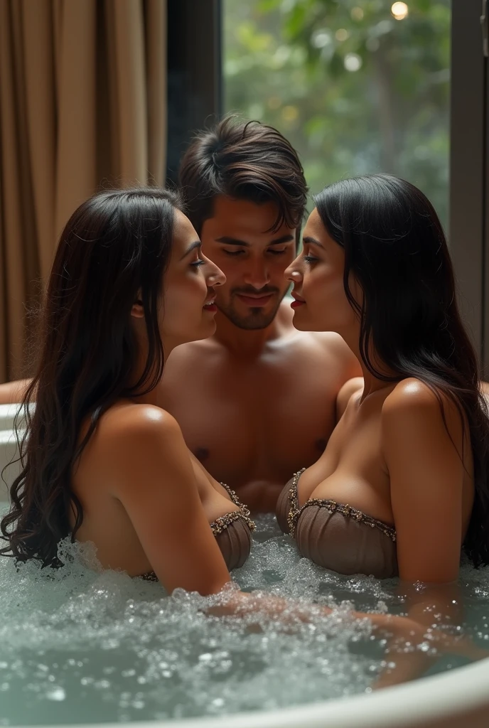 Cuckold couple, between 1 woman and 4 men, the woman is a Chubby white woman with Brown hair, the man is tall with a Big hard , erotic photo session,nsfw,explicit sexy,xxx, vaginal intercourse,kissing,Golden necklace,woman doggy style ass licking, full body picture, wedding veil, pool party, front view
