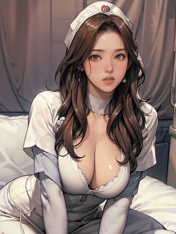 top-quality、Full limbs、complete fingers、1 beautiful woman,detailed beautiful face,cute face,mole under eye、、sweat、Slender beauty、straight haired、Brown hair、((white Nurse uniform、very skinny))、(big sagging wide breasts:1.5),cleavage、White pantyhose、(hospitals、Hospital Room、on Patient bed:1.5)、(sitting,spread legs:-0.0),used condom、vulgarity,(be bashful:1.7)、(bikini tan:-0.0)、(sexy pose:1.5)、