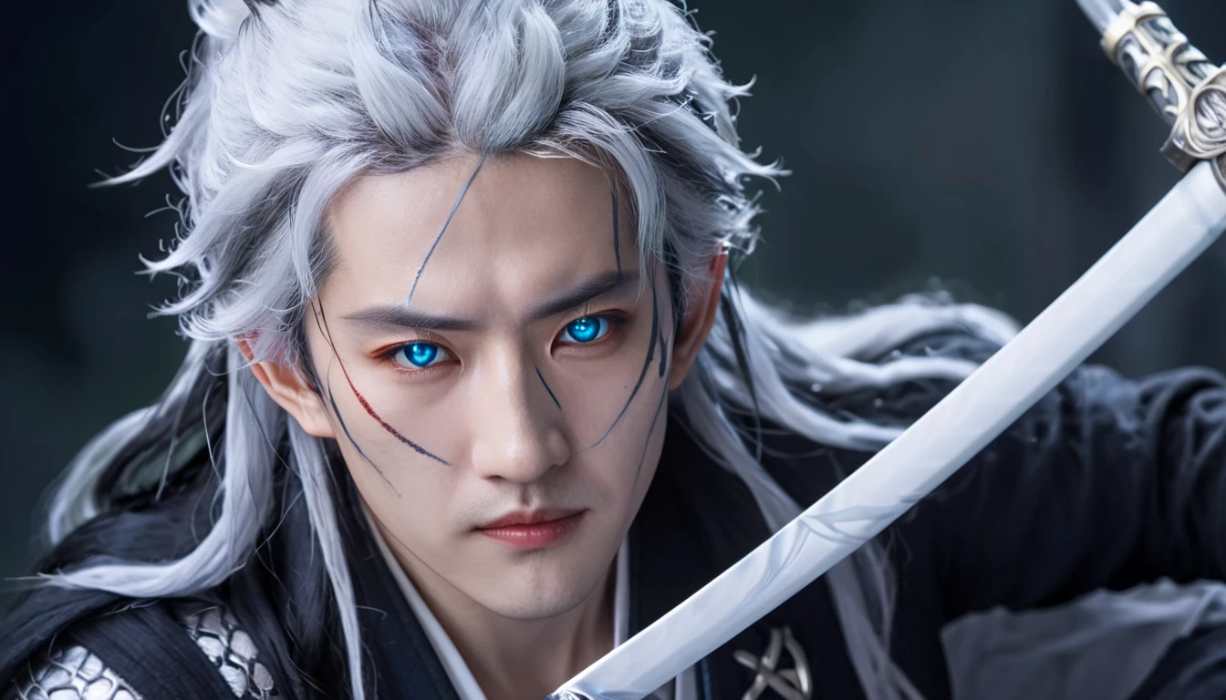 a close up of a person with white hair and a sword, nagito komaeda, inspired by Okumura Togyu, he has dark grey hairs, a silver haired mad, tall anime guy with blue eyes, inspired by Okumura Masanobu, young anime man, male anime character, nagito komaeda from danganronpa