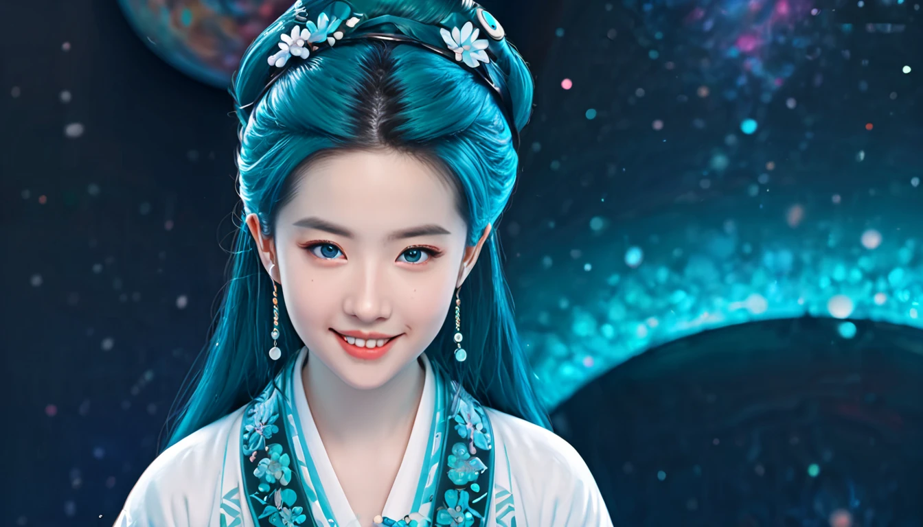 masterpiece, best quality, ultra-detailed, illustration,(1girl),beautiful detailed eyes, looking at viewer, (holding a computer keyboard), happy, (turquoise hair:1), (blue rounded eyes:1), (round earring), (turquoise big gem necklace), cute round face, long hair, smile, fantasy chinese clothes