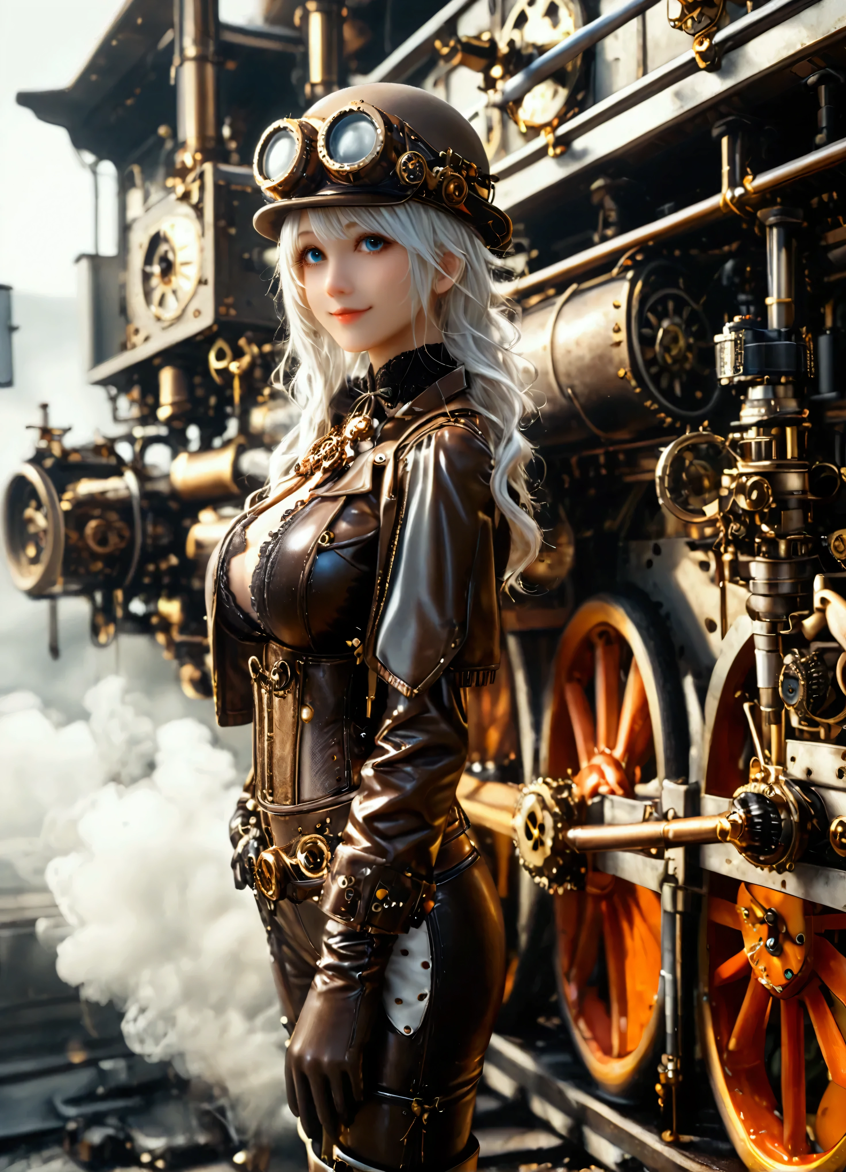 ((  masterpiece  ,  top quality,  Max Image,  high definition )), ((Highly detailed CG composite 8K wallpaper)), ((full body shot)), (Steampunk style:1.3)、  young beautiful girl , doing maintenance work、 ((large breasts:1.2), (huge breasts:1.2), (Uplifted and well-defined bust:1.2), (lifted chest:1.2), (perky breasts :1.2),(deep cleavage:1.4), sexy long legs, brown leather jacket, Chest without clothes 、leather long boots,  mechanic helmet, Dreamy, smile, white hair , standing next to a big mechanical locomobile, Steam is gushing out from a steam locomotive