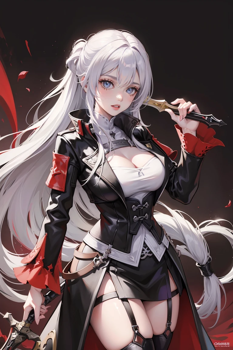 arafed woman in black outfit holding a sword and a sword, a character portrait by Yang J, trending on cg society, renaissance, female rouge assassin, official character art, fashionable rpg clothing, ( ( character concept art ) ), cushart krenz key art feminine, tifa lockhart with white hair, extremely detailed artgerm, from the azur lane videogame, white hair, white long hair, ((light purple eyes))
