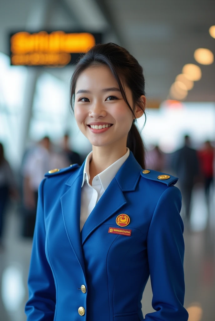 (A beautiful Chindo woman, age 22, she's a Air stewardess wearing garudaindonesia uniform, catwalk in Incheon Int'l Airport, kind expression, dimpled smile, cute snaggle-tooth, beautiful detailed face, beautiful detailed eyes, ample round bosom, french twist hairstyle, photorealistic, hyper-realism, high contrast, ultra HD, realistic skin textures, top image quality, top-quality, super high resolution, fine details, very meticulously, masterpiece, head to hips, the cowboy shot, calming atmosphere, bokeh night background)