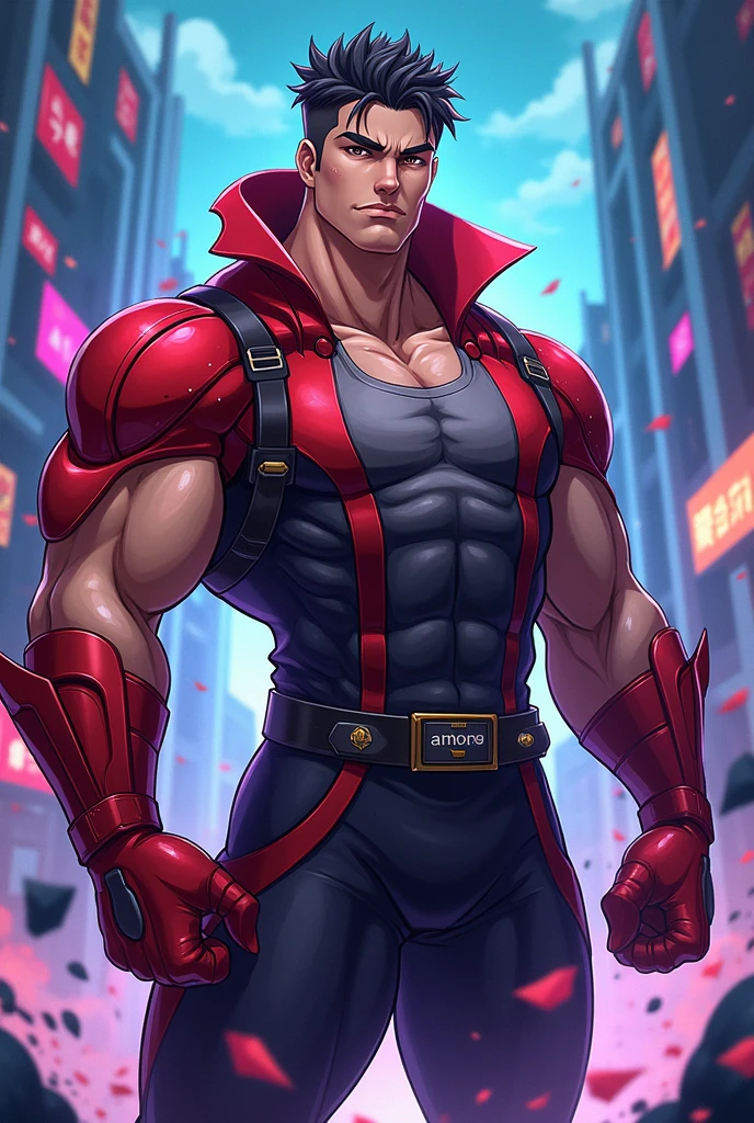 (masterpiece, best quality, extremely high detail, ultrahigh definition, stylized pose, high quality, 4k resolution). very muscular handsome superhero man in his early twenties, low-fade haircut, black hair, red eyes, detailed eyes, stubble, hairy chest and arms, intimidating face, superhero outfit(skintight suit with primary black secondary red colors), arms crossed over chest, flying, Tanned skin. Background: Nighttime city background, 32k uhd, best quality, masterpiece, super detail, high details.