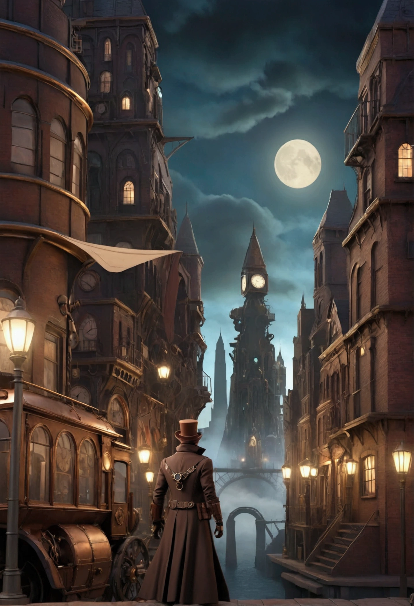 steampunk city, night, hero siloutte, time machine, 