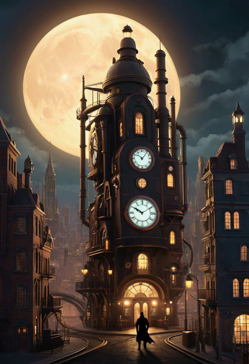 steampunk city, night, hero siloutte, time machine, 