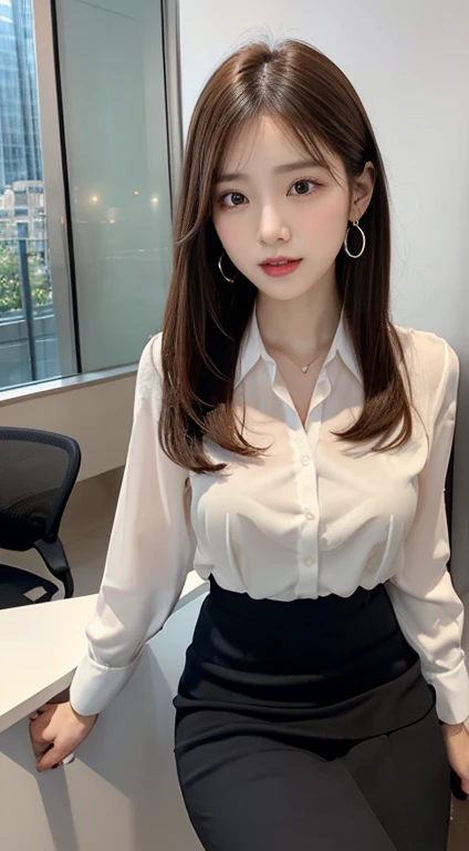 table top, highest quality, shape, Super detailed, finely, High resolution, 8k wallpaper, Perfect dynamic composition, beautiful and detailed eyes, Gcup breasts, Natural color lip, Random sexy pose,smile,20 year old girl、Beautiful and dense face、perfect and beautiful face,Big eyes、real photos(best image quality),cute face、cute、blouse(black)、pleated skirt、Blurred tower apartment living room background、sexy pose、spread legs wide