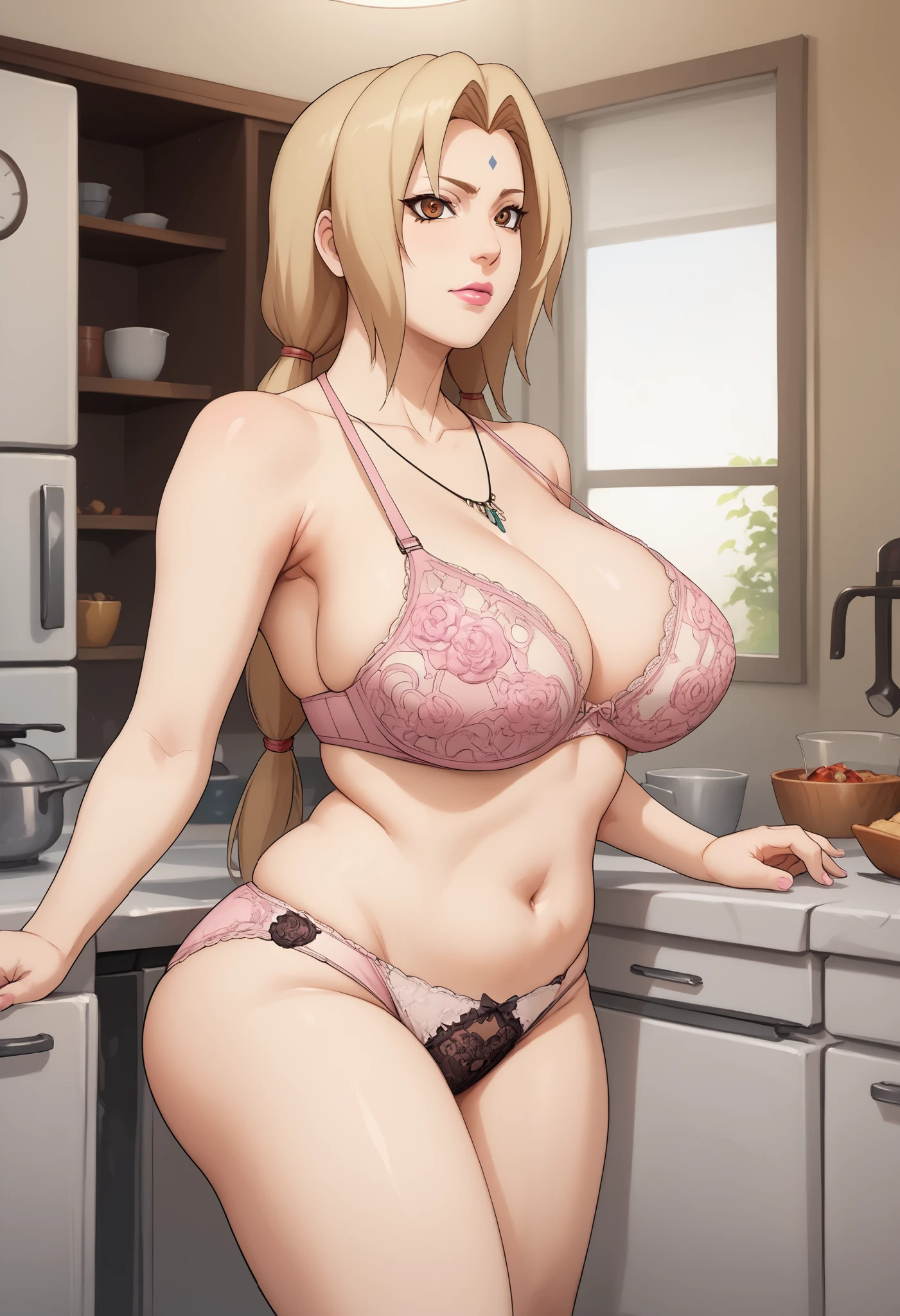 Tsunade Senju. Grandmother. long, blond hair tied in two ponytails. brown eyes.  pink lipstick. huge saggy breasts. bbw. necklace. (((lace bra))),(((lace panties))), kitchen.