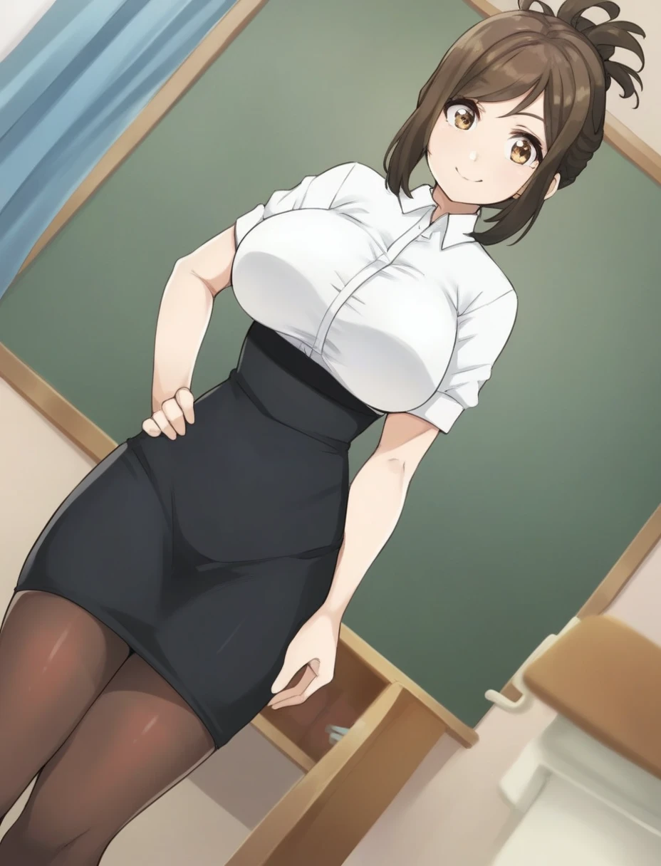 score_4, score_5, score_6, score_9, score_8_up, score_7_up, generally, Alone,   source_Anime,   canacogix,  brown eyes,  brown hair ,  short hair,  ponytail,  Big Breasts,  colored shirt ,  clevis on a stone,  white shirt, Pencil Skirt,  black skirt,  black pantyhose , OL,  standing, hand　Oun 　Hip,  cowboy shot,  watches viewers,  Dutch Angle , ,  light smile , indoor, room, classroom