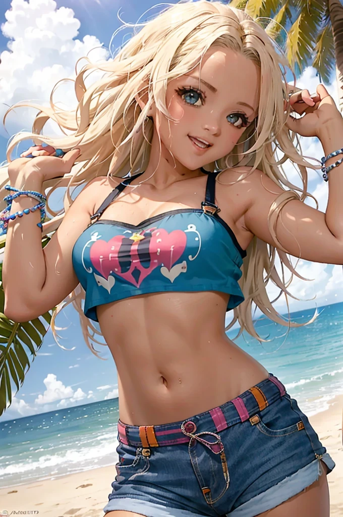 Amidst the lively atmosphere of a beachside music festival, a group of friends gathers to enjoy the sun, sand, and sounds of the ocean. Among them, a girl stands out with her eye-catching y2k-inspired outfit, perfectly suited for the occasion. She wears a colorful crop top adorned with playful beach-themed motifs, paired with breezy, tie-dye shorts that flow with every step. Her blonde curly hair is styled in beachy waves, framing her sun-kissed face with effortless charm. As she dances to the rhythm of the music, her laughter rings out over the crowd, blending seamlessly with the sound of crashing waves. With each movement, she embodies the carefree spirit of summer, spreading joy and positivity to everyone around her. 