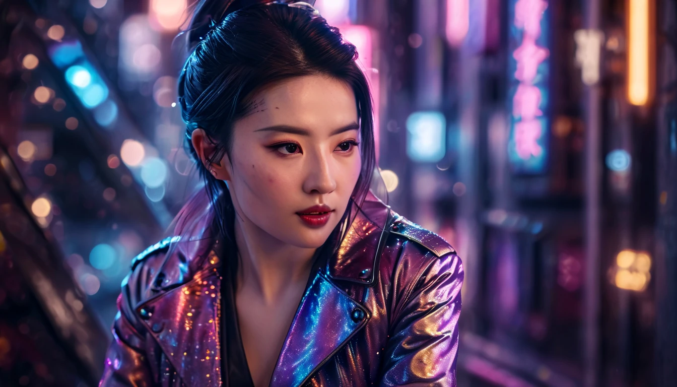 hyper realistic, lifelike texture, dramatic lighting, (best quality:1.1), depth of field, nighttime, in a futuristic cyberpunk city, HDR, shallow depth of field, broad light, high contrast, backlighting, bloom, light sparkles, chromatic aberration, sharp focus, futuristic clothing, leather jacket, beauty512, lnchuu, 