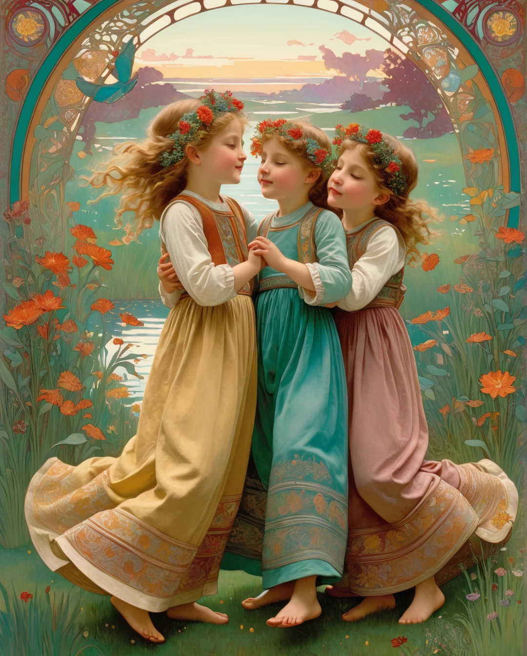 Two young twin girls, with light skin and matching traditional folk-art attire, standing hand in hand atop a verdant knoll. Their long-sleeved dresses, embellished with white, blue, and dark-floral patterns, are highlighted by horizontal bands of contrasting colors that add to their festive and charming appearance. Their cheeks and lips are kissed with rosiness, mirroring the joy in their smiles. Before them lies a serene pond, brimming with a kaleidoscope of small, colorful fish that dance just below the surface. The pond's reflection mingles with the muted teal and green tones of the surrounding foliage, creating a tranquil tableau. The lush garden is adorned with art nouveau-inspired, flat-designed flora in warm reds and yellows, which contrast beautifully with the vibrant garments of the girls. A sprightly rabbit plays in the foreground's lower left corner, while birds flit and frolic in the background, enhancing the scene's whimsical and lively atmosphere. The artwork is styled in the unmistakable Art Nouveau manner of Alphonse Mucha, with its intricate, flowing lines and stylized forms. The elevated perspective draws the viewer into their enchanting world, as if peering into a page from a cherished storybook. This harmonious composition, brimming with life and the innocence of hood, celebrates the warmth of sisterhood within a magical and timeless setting.