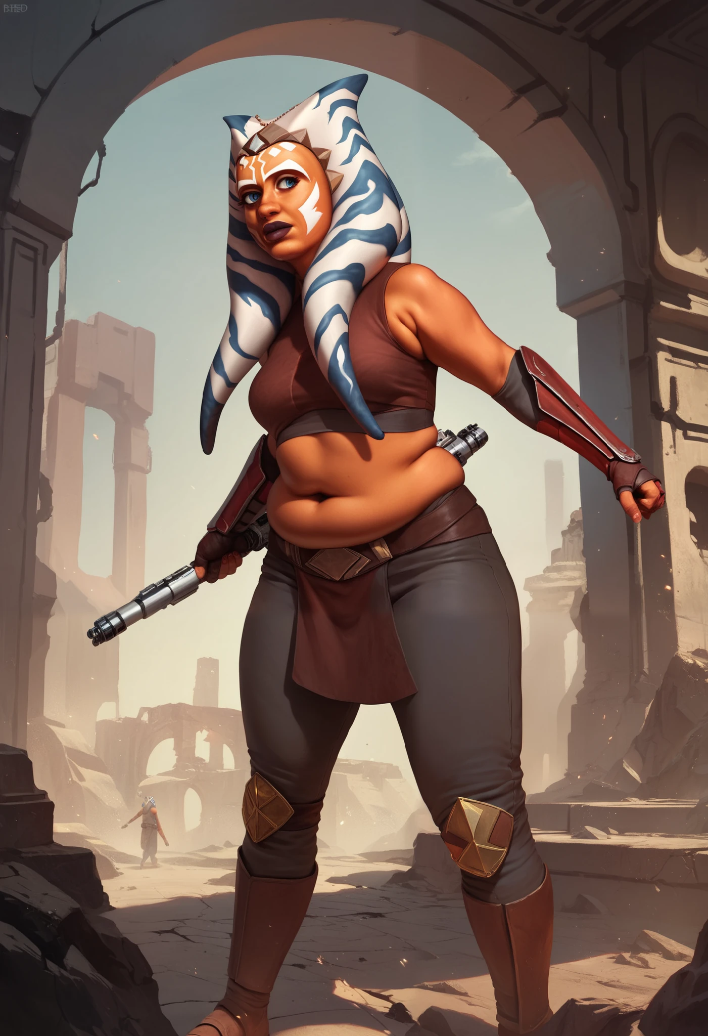 Ahsoka tano Star Wars on ruins of war two fighting lighting saberes versus sovietic, chubby,