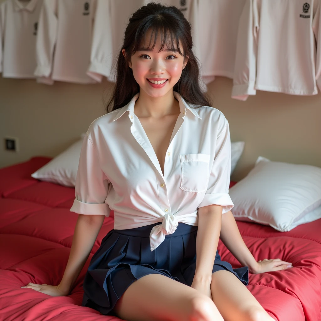 ((8k picture:1.27、top-quality、​masterpiece、超A high resolution:1.2))、 Japan woman with good looks,、(Beautiful fece:1.3)、1girl in、(Beautiful High School Teacher)、White blouses、Navy blue skirt、爆乳:1.5、cleavage of the breast、Dark hair、Black eyes、bobhair、27 year old beautiful woman、Constricted body、beauty legs、Opening legs、Naughty Poses、looking at away、(High School Classroom、early evening、Beautiful sunset)、Sexually inviting smile、Invitation to adult love、profetional lighting、fantastical scenes:1.10,