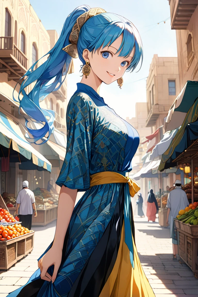 16k,masterpiece,animated painting, ((ultra detailed background, delicate pattern, intricate detail)), (highly detailed, fine details), best quality, 1girl, ,beautiful lighting, absurdres,Nefeltari Vivi,(onepiece:1.6),1girl, long hair, blue hair, solo, smile, earrings, 1990s \(style\),(E-cup beautiful breasts)、 (tall:1.2),height: 175cm,Fashion model body type、, skirt, ((Islamic dress)), ponytail, hair ornament, sky, blue eyes, cowboy shot, (complex detailed background, outside, sunny, desert town environment, buildings, town, market, hair lift, cowboy shot),Anime-style painting style,Cinematic lighting,Superfine