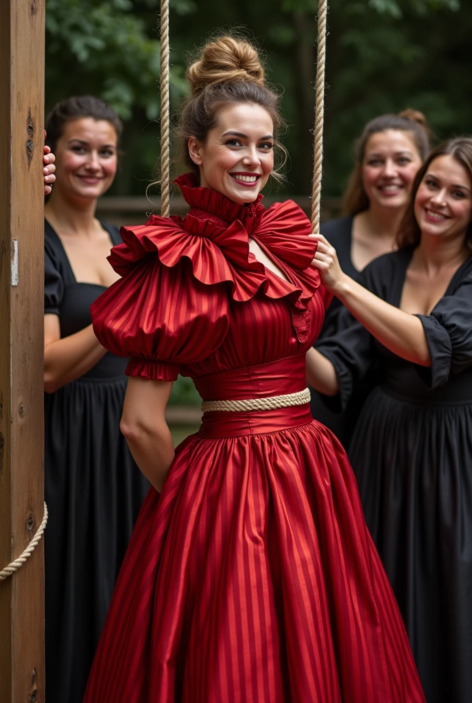 wetshirt, woman standing in a downpour, european village, dirndl dress, (by Steve McCurry, by Alessio Albi, by Lee Jeffries, by Herb Ritts, by Jeremy Mann:0.8), black hair, updo, close-up, leaning against wall, cobblestone, rain, street, bokeh, red ribbons, wetshirt,  