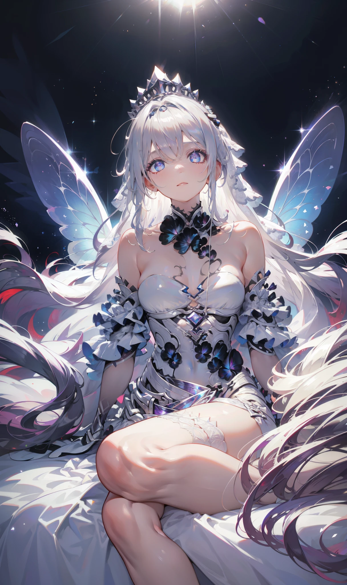 Silver Hair，Butterfly，Long white hair，傲娇有带点可爱的表情Lace tube top dress，8k wallpaper，Detailed background，Maximum resolution，Deep V，hair covering one eye，Lace tube top dress，Plump and delicate breasts，Delicate hands，White silver bracelet，White diamond ring，Lace gloves on her hands，Wearing silver-rimmed aristocratic glasses，Lace，Diamond crystal shoes，Crystal Crown，Tight waistline，Chis，White Rose，Tight，Noble Daughter
