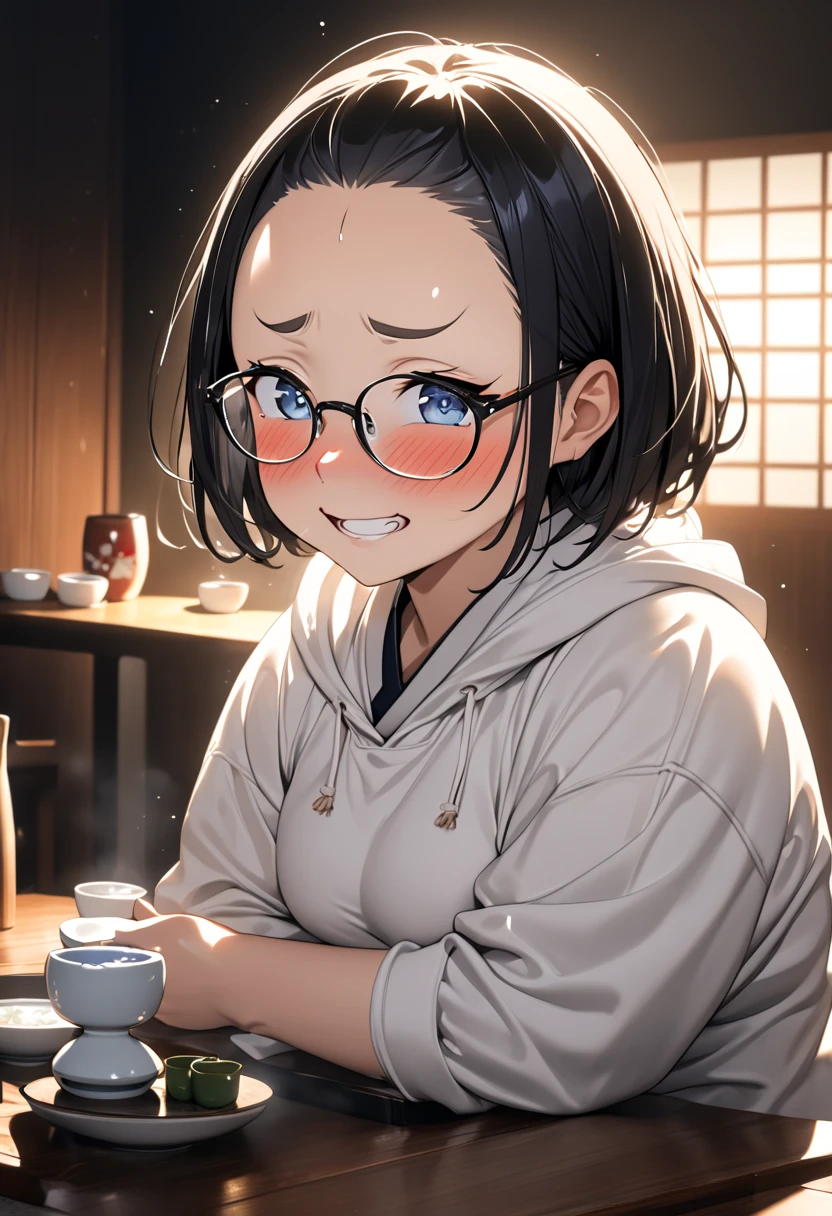 RAWphoto,photorealistic,8k16k,best quality,perfect anatomy,perfect detailed,ultra highres, extremely detailed eyes and face,gleaming skin,shiny skin,1girl,Japanese,black short hair,pixie cut, (wearing glasses:1.3),(parted bangs,forehead:1.2),round face,medium breasts,chubby,thick thigh,wearing large hoodie,oversize,little laughing,nose-blush,full-face blush,drunken eyes,drunk,drinking Japanese sake,(holding one little ceramic sake cup:1.1),sashimi on the dishes and Japanese sake jug on the low dining table at home,cinematic lighting,dynamic lighting,depth of field,at night