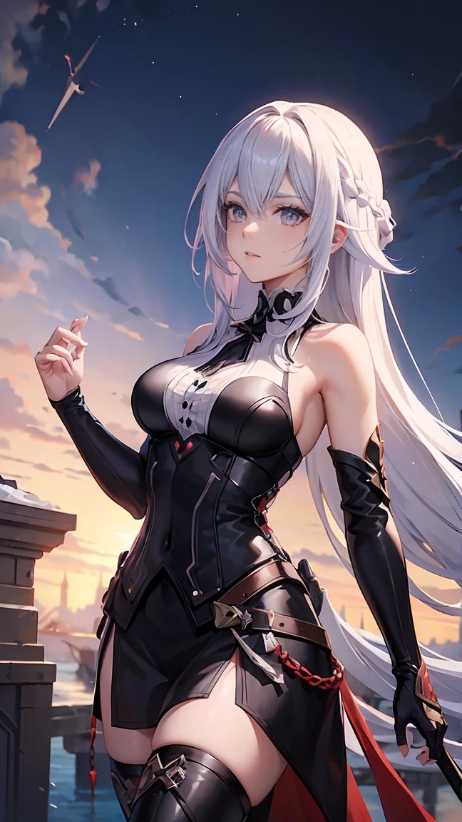 arafed woman in black outfit holding a sword and a sword, a character portrait by Yang J, trending on cg society, renaissance, female rouge assassin, official character art, fashionable rpg clothing, ( ( character concept art ) ), cushart krenz key art feminine, tifa lockhart with white hair, extremely detailed artgerm, from the azur lane videogame, white hair, white long hair, light purple eyes
