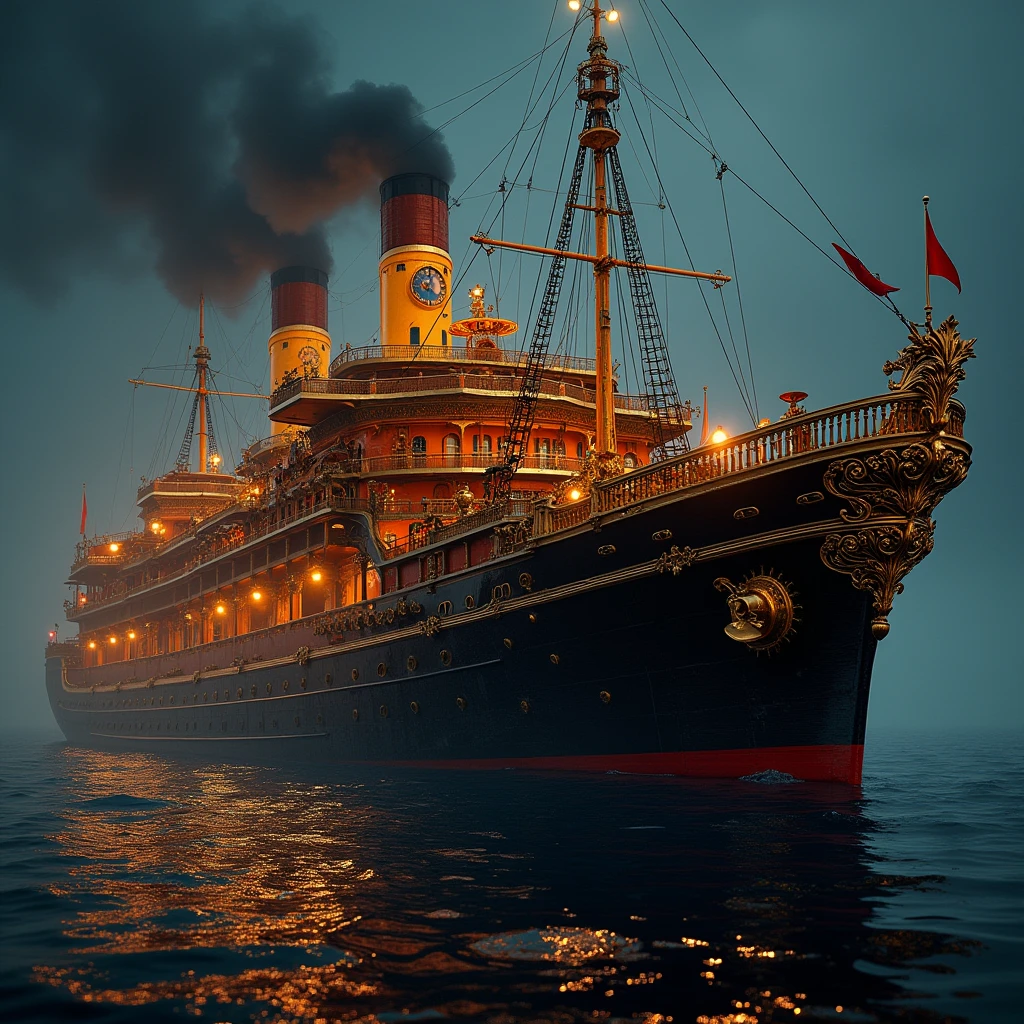 a luxurious steampunk cruise ship, highly detailed, intricate mechanical parts, brass and copper accents, dramatic lighting, moody atmosphere, photorealistic, cinematic, dramatic lighting, vibrant colors, masterpiece, hyper detailed