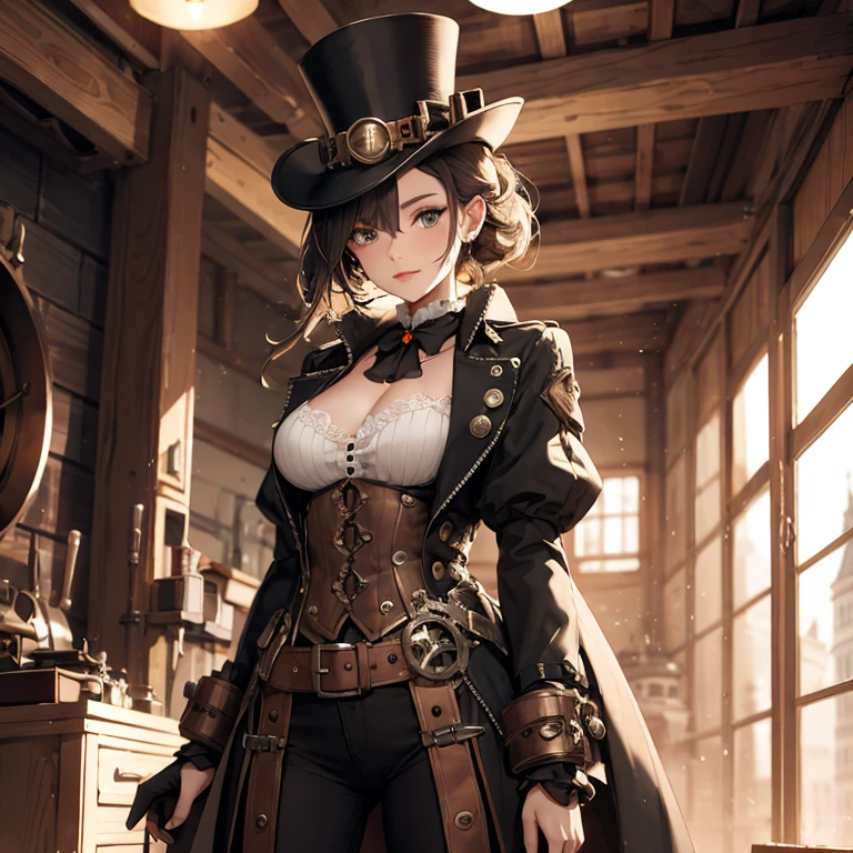 parade, steampunk, looking at camera,industrial city, surround by wall, steampunk, rusty and heavy, smoke, chimney, factories, gears, machinery, tall buildings, towers, steam power, steam pipes, streetlights, (cinematic lighting:0.8, super detail, bloom)