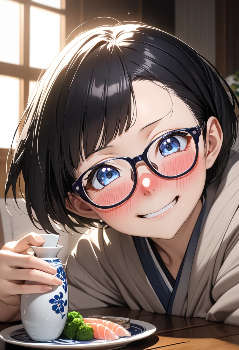 RAWphoto,photorealistic,8k16k,best quality,perfect anatomy,perfect detailed,ultra highres, extremely detailed eyes and face,gleaming skin,shiny skin,1girl,Japanese,black short hair,pixie cut, (wearing glasses:1.3),(parted bangs,forehead:1.2),round face,medium breasts,chubby,thick thigh,wearing large hoodie,oversize,little laughing,nose-blush,full-face blush,drunken eyes,drunk,drinking Japanese sake,(holding one little ceramic sake cup:1.1),sashimi on the dishes and Japanese sake jug on the low dining table at home,cinematic lighting,dynamic lighting,depth of field,at night