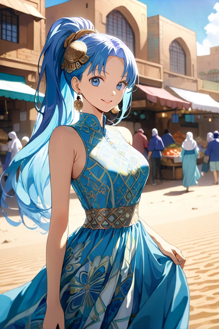 16k,masterpiece,animated painting, ((ultra detailed background, delicate pattern, intricate detail)), (highly detailed, fine details), best quality, 1girl, ,beautiful lighting, absurdres,Nefeltari Vivi,(onepiece:1.6),1girl, long hair, blue hair, solo, smile, earrings, 1990s \(style\),(E-cup beautiful breasts)、 (tall:1.2),height: 175cm,Fashion model body type、, skirt, ((Islamic dress)), ponytail, hair ornament, sky, blue eyes, cowboy shot, (complex detailed background, outside, sunny, desert town environment, buildings, town, market, hair lift, cowboy shot),Anime-style painting style,Cinematic lighting,Superfine