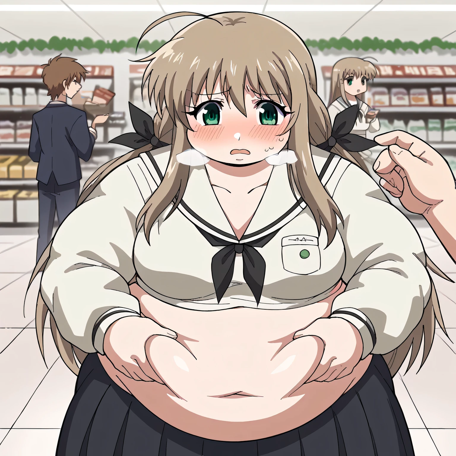 score_9, score_8_up, score_7_up, source_anime, sara souju shirogane, long hair, ribbon, brown hair, green eyes, ahoge, medium breasts,, skirt, long sleeves, school uniform, serafuku,, mall, shops, people, shopping, big, , hands on stomach, blush,, looking at viewer, solo,, dutch angle, cowboy shot swollen face, fat, chubby, obese, open mouth, out of breath, absurdres, highres icon, rating:General, confused, blush, {flustered}, nervous sweating, portrait, pov hands, hand on another's cheek, averting eyes, [looking away], straight-on, from above,  upper body, masterpiece, best quality, ultra-detailed, high resolution, 8K, 