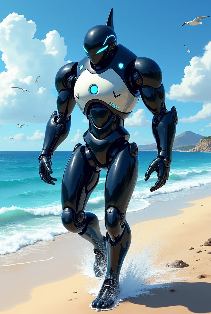 NSFW (male robot with big penis) full body, standing on a deserted beach